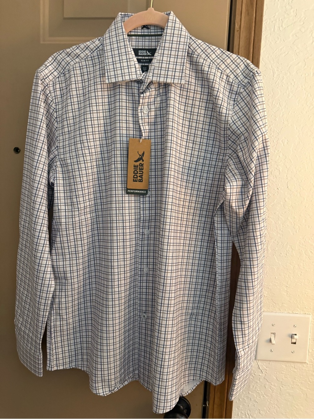 Eddie Bauer White and Blue Windowpane Performance Dress Shirt